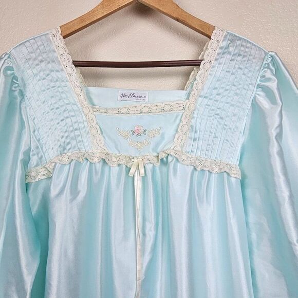 Miss Elaine Vintage Blue Green Satin Nylon Maxi Nightgown Lace Floral Women L - Picture 4 of 16